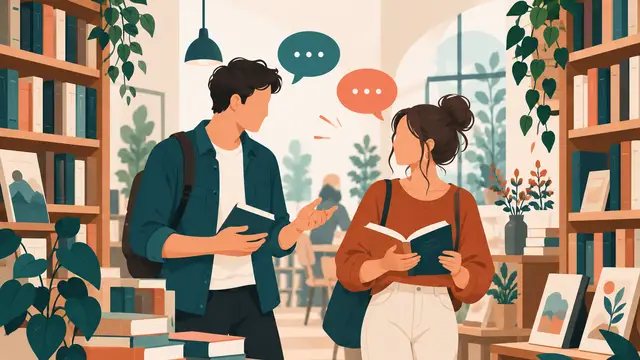Парень и девушка с книгами беседуют между стеллажами в книжном кафе