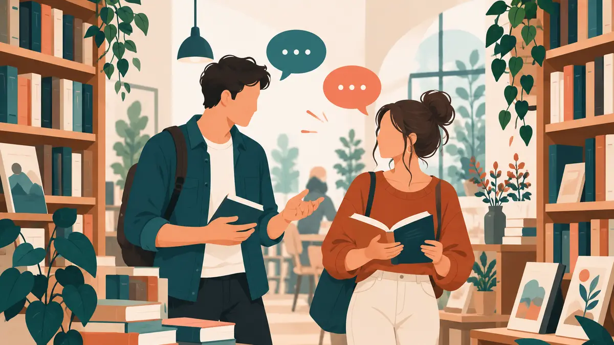 Парень и девушка с книгами беседуют между стеллажами в книжном кафе