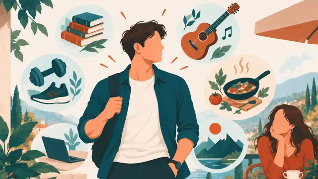 Парень в окружении иконок своих увлечений: книги, гитара, спорт, кулинария; рядом улыбается девушка