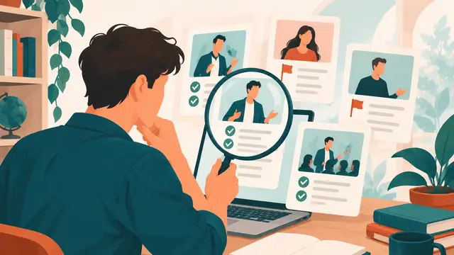 Парень с лупой сравнивает карточки преподавателей и чек-листы на экране ноутбука